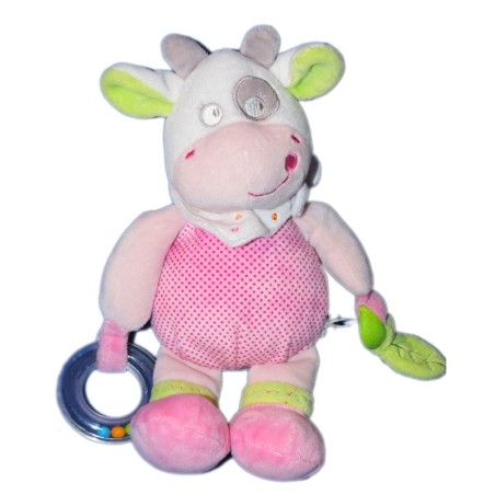 Doudou VACHE rose Hochet Feuille - MOTS D'ENFANTS H 26 cm Siplec Leclerc (10696)