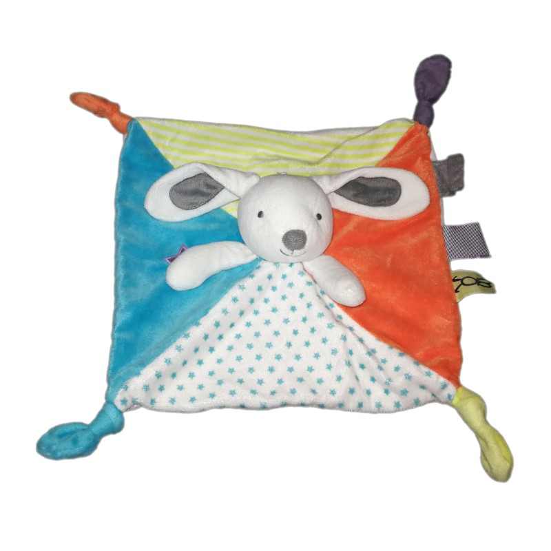 Doudou Plat Lapin blanc Bleu orange vert Etoiles OBAIBI  (19735)