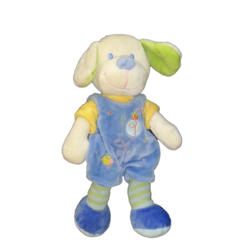 Doudou Peluche CHIEN Salopette bleue MOTS D ENFANTS Poussin Maison 26 cm (7110)