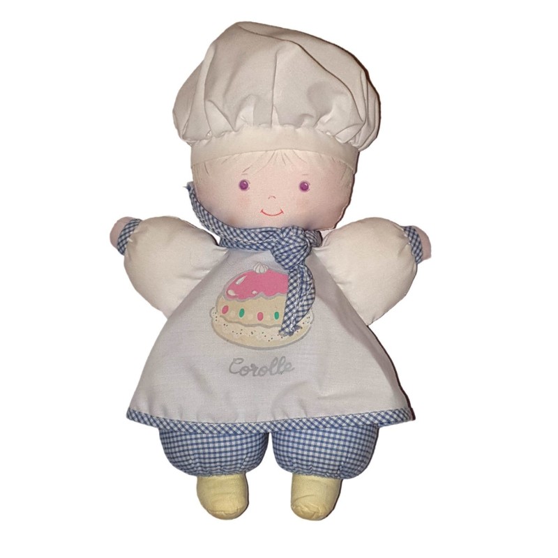 Doudou poupee tissu blanc bleu gateau carreaux vichy Gateau Corolle 1992 (24573)