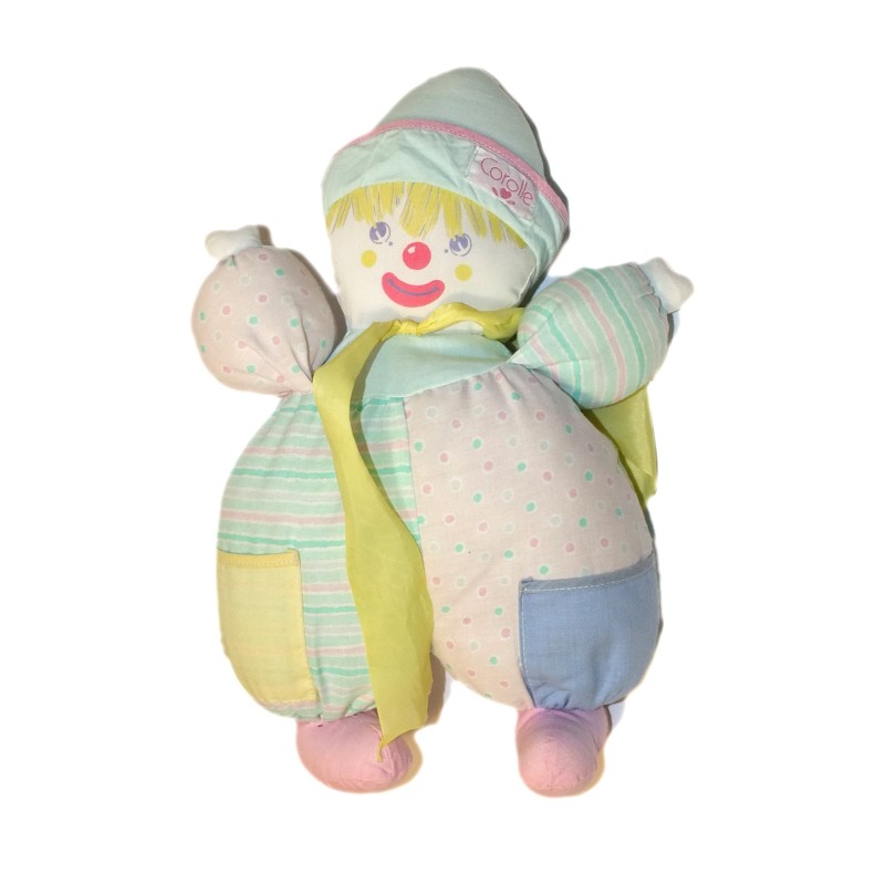 COROLLE Doudou tissu clown Vintage Ancien blanc bleu chapeau ruban rose 35 cm (27010)