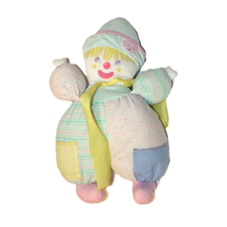 COROLLE Doudou tissu clown Vintage Ancien blanc bleu chapeau ruban rose 35 cm (27010)
