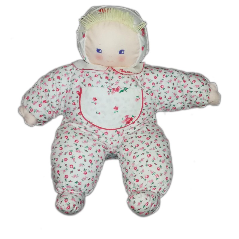 Doudou poupee chiffon tissu Corolle fleurs blanc rouge 38 cm Grelot 1993 (21655)