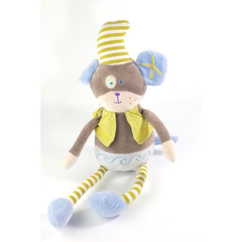Doudou peluche chien singe bleu gris vert rayures Nounours 38 cm (20300)
