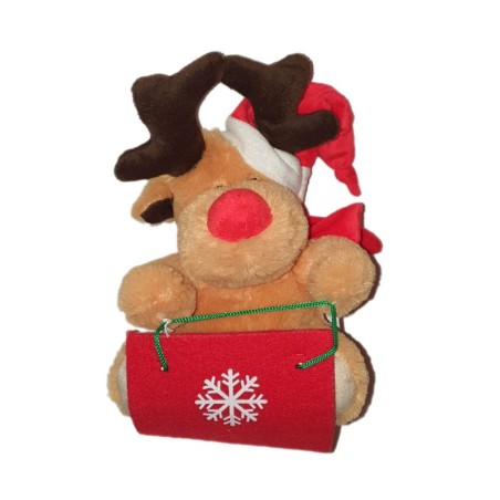 Peluche Noel doudou Renne beige traineau bonnet rouge Fizzy 26 cm (24641)