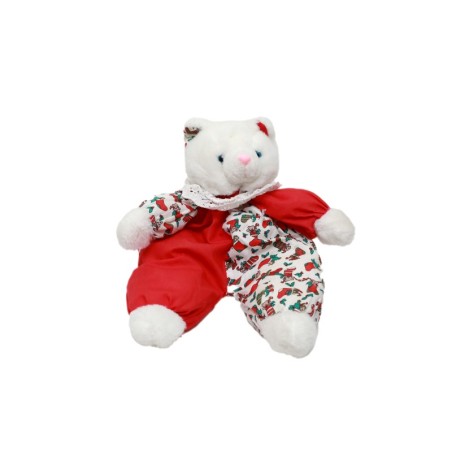 VINTAGE - Peluche chat blanc rouge CMP Houx Chaussettes Noël tissu 36 cm collerette (28217)