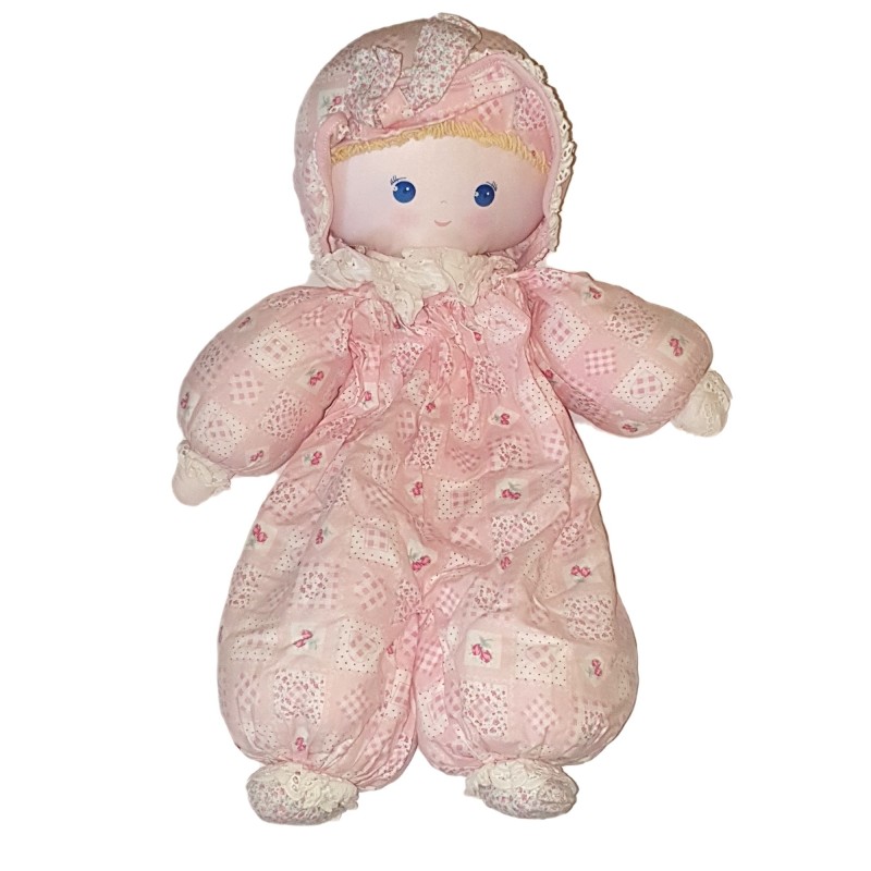 Vintage Ancienne poupee range Pyjama Tissu chiffon rose coeurs Fleurs Bonnet 48 cm (23875)