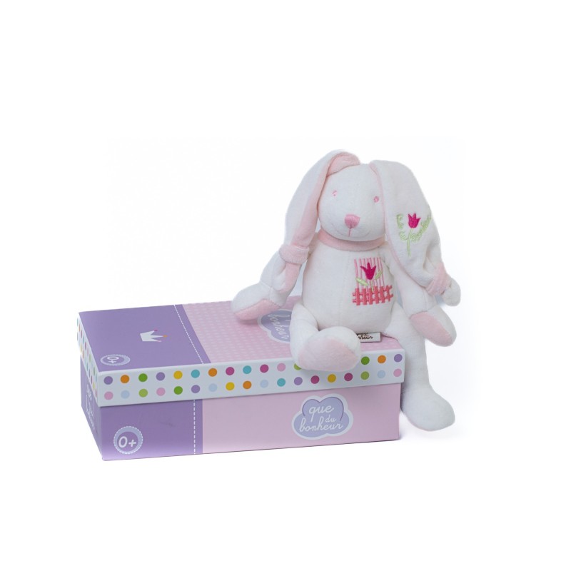 Doudou lapin blanc rose Que du Bonheur Tulipe 24 cm NEUF BOITE (28441)
