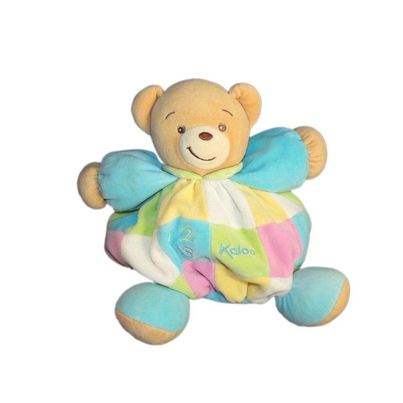 KALOO - Doudou OURS boule vert jaune bleu 123 - 22 cm - Grelot (12095)