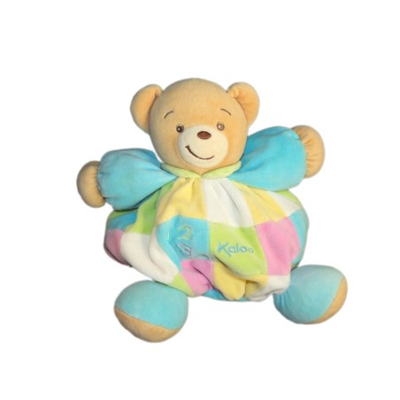 KALOO - Doudou OURS boule vert jaune bleu 123 - 22 cm - Grelot (12095)