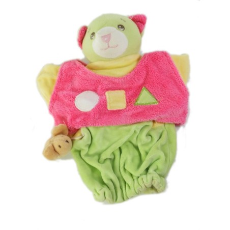 Doudou Marionnette Chat rose vert Souris Nounours 22 cm (26401)