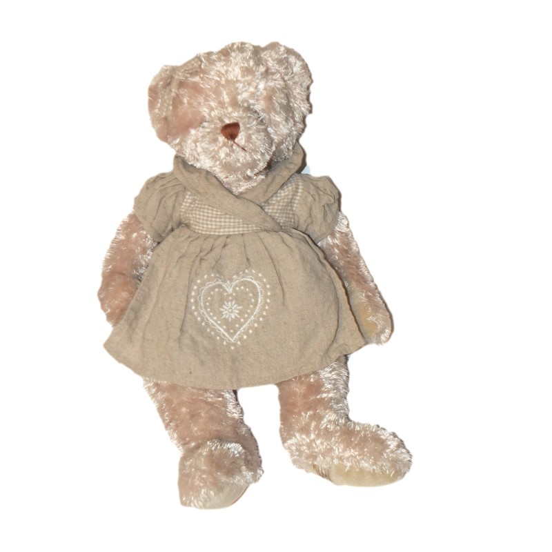Peluche Ours robe tablier beige Coeur Louise Mansen 42 cm (27624)