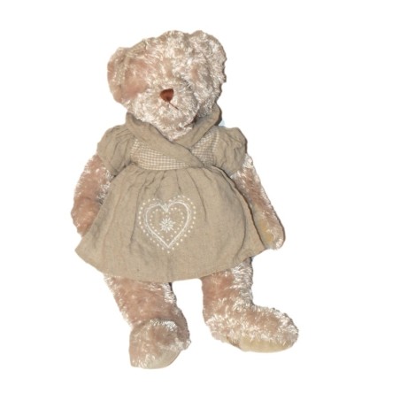 Peluche Ours robe tablier beige Coeur Louise Mansen 42 cm (27624)
