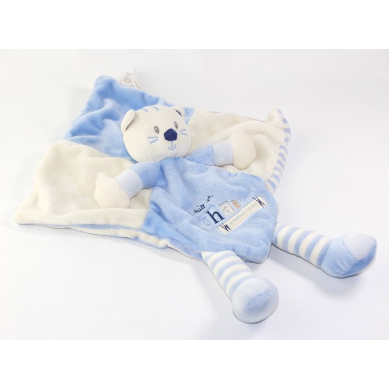 Doudou plat chat bleu blanc Kiabi Avda Je suis un chat comme ça (25842)