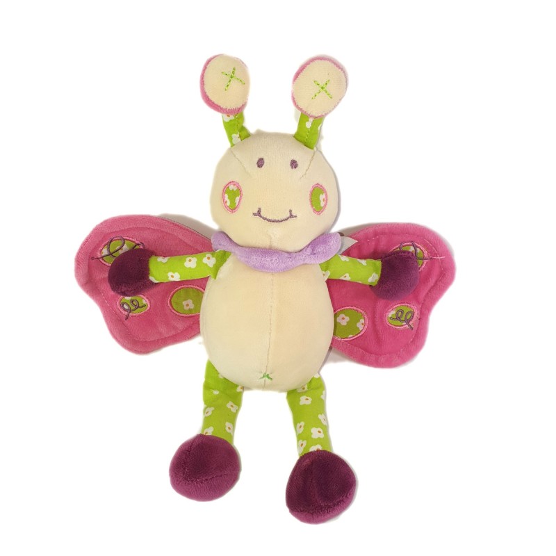 Doudou Papillon rose blanc vert Nounours Grelot 26 cm (25159)