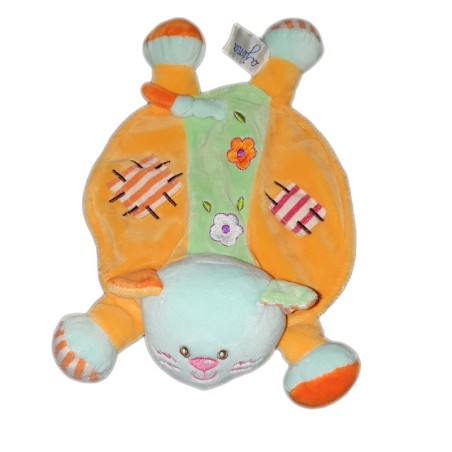 Doudou plat Chat orange bleu vert Ajena Nounours (23945)