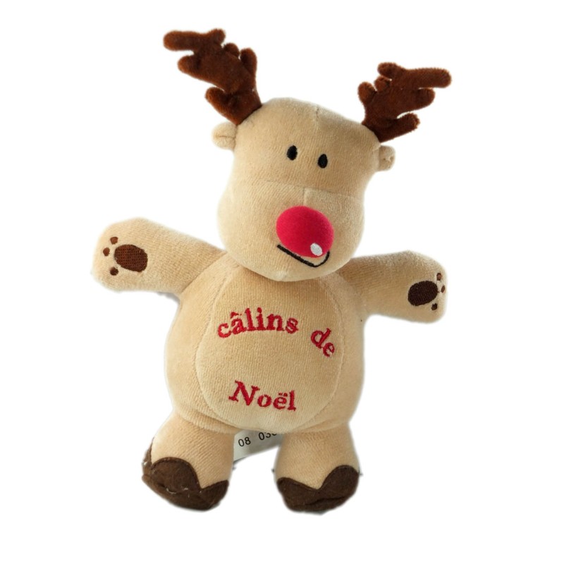 Peluche doudou renne élan beige marron nez rouge Câlins de Noël 24 cm Kimbaloo (19594)