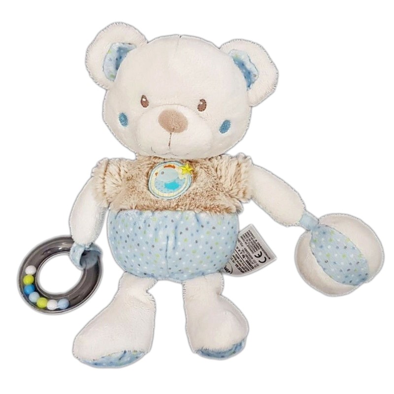 Peluche d activite doudou Ours bleu beige blanc Mots d Enfants oiseau 25 cm (21360)