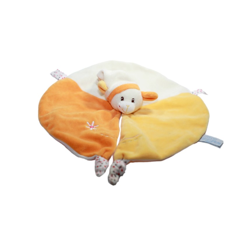 Doudou Plat Souris jaune orange blanc rond Fleur Gipsy (28503)