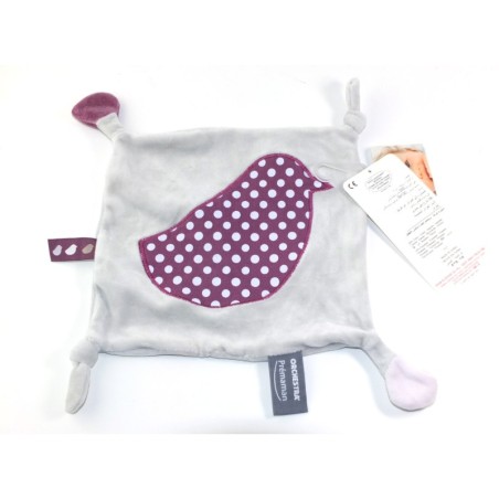 Doudou plat gris oiseau mauve violet pois blancs ORCHESTRA Premaman (25375)