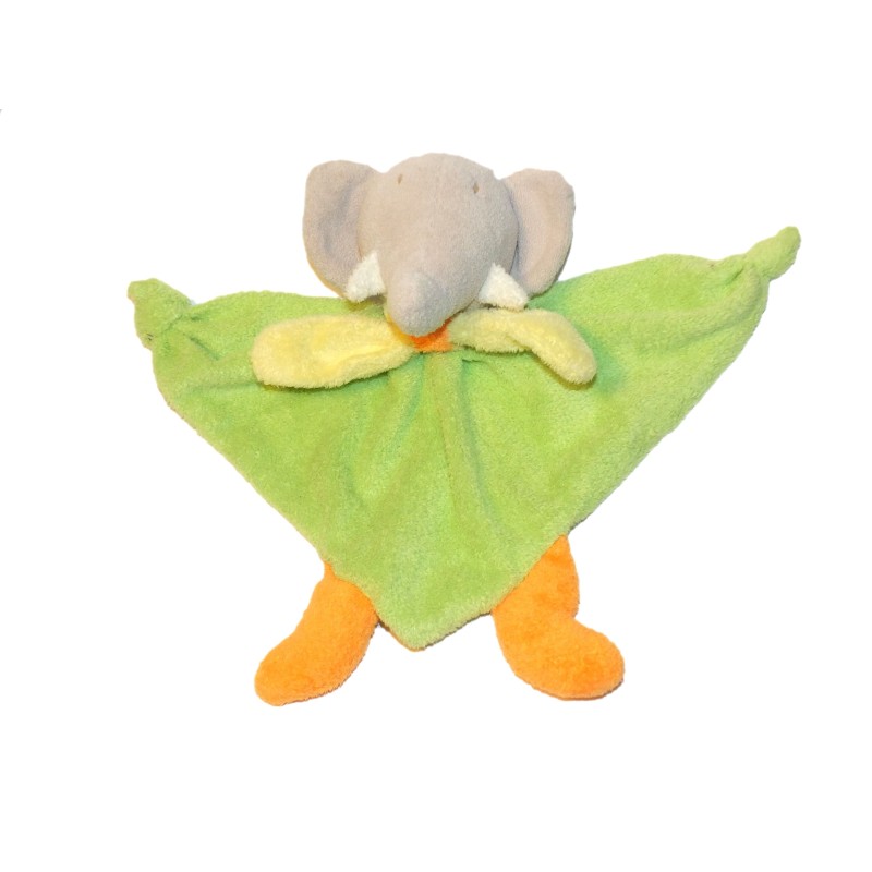Doudou plat éléphant vert orange jaune Nounours (28028)
