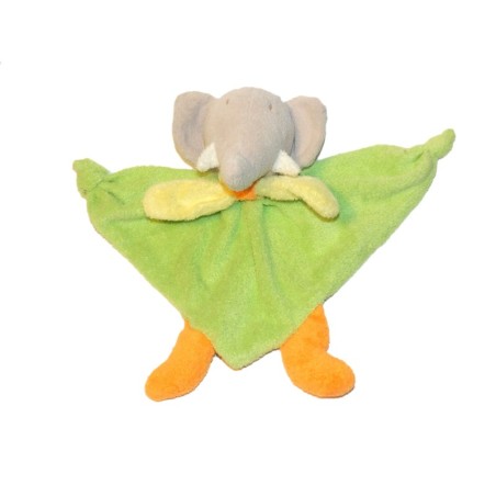 Doudou plat éléphant vert orange jaune Nounours (28028)