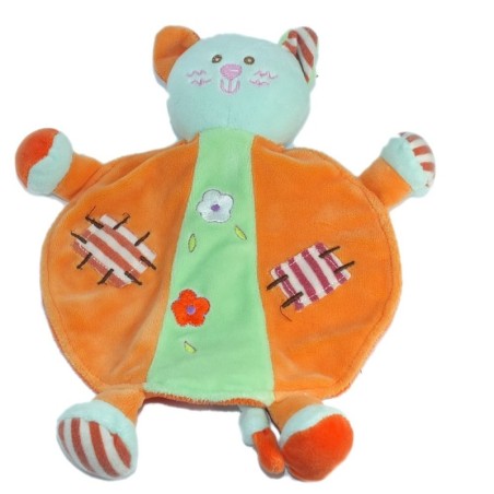 Doudou plat chat orange vert fleurs Ajena (17390)