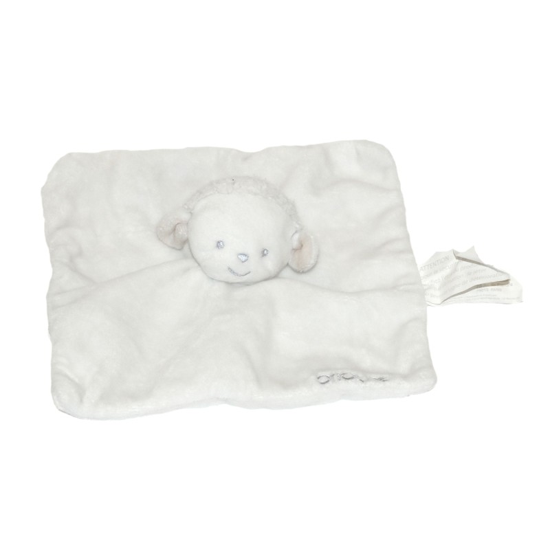 Doudou plat mouton blanc brode gris Brioche Kimbaloo (27891)