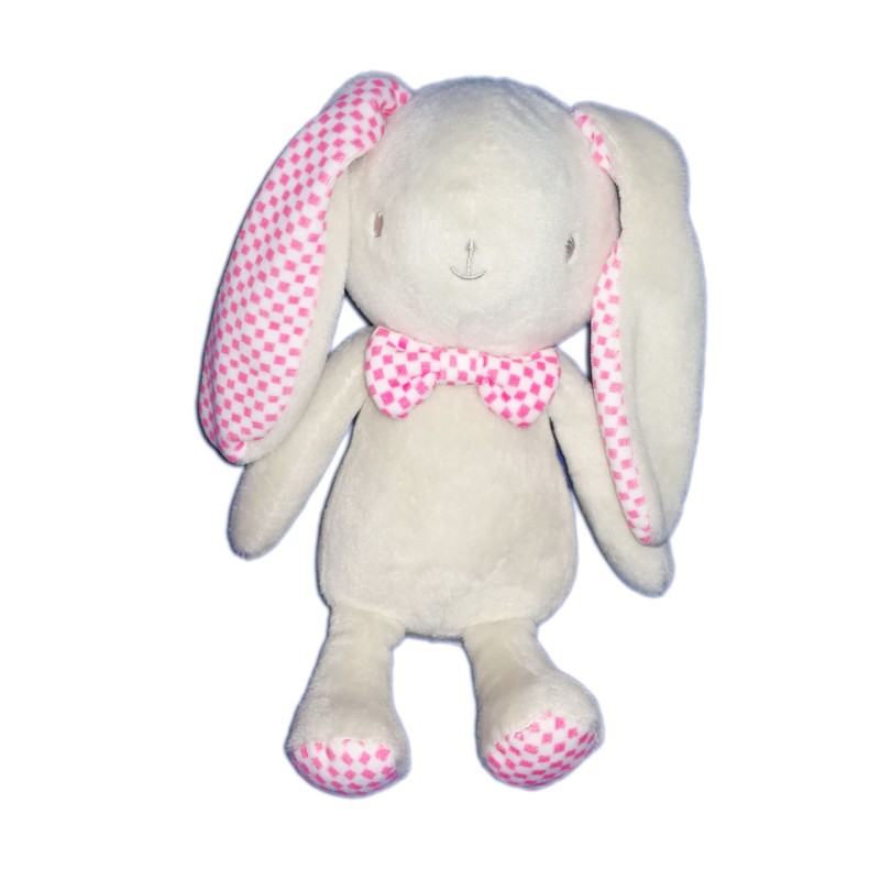 Doudou lapin gris beige rose bebe Laboratoires KLORANE 22 cm carreaux (16980)