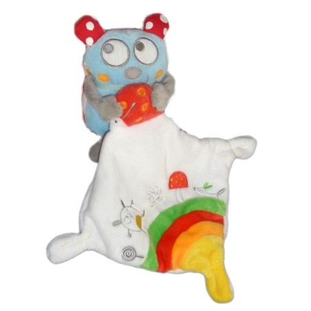 Doudou COCCINELLE bleue POMMETTE Mouchoir blanc rouge pois arc en ciel (7444)