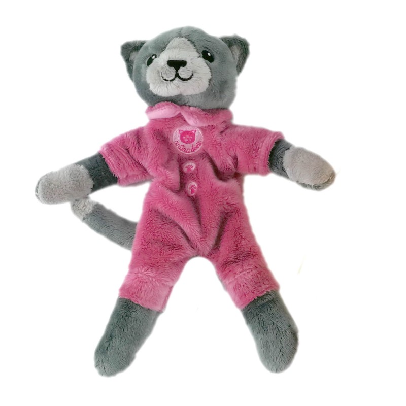 Doudou Chat gris 22 cm Anima Animadoo salopette rose Neuf + boite (21543)