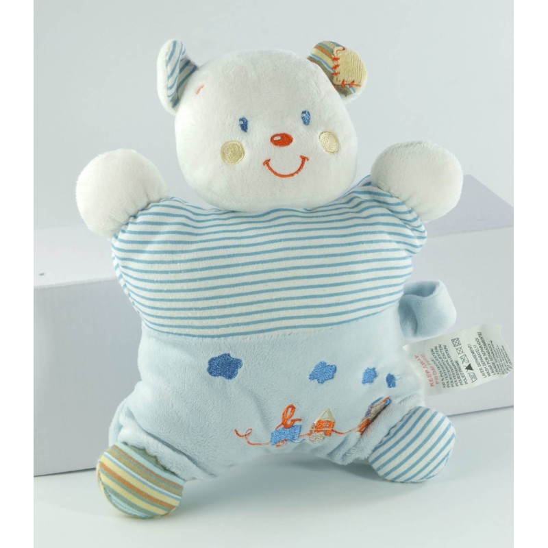 Peluche doudou ours bleu blanc Kiabi Avda train rayures 25 cm (20279)
