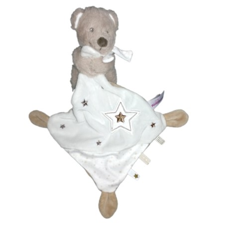 Doudou ours gris beige mouchoir blanc étoiles Pommette (18851)