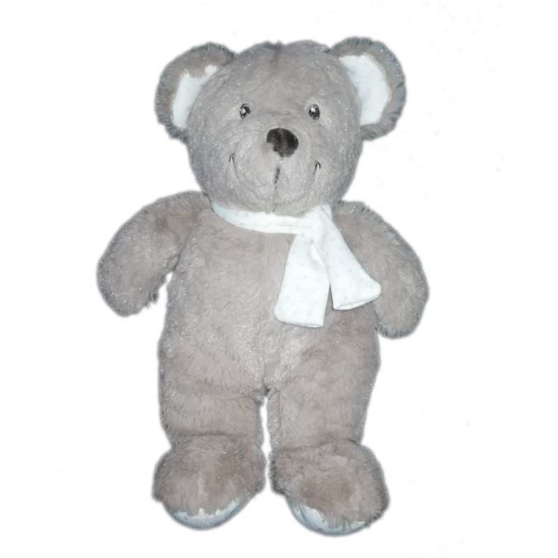 Doudou peluche ours gris Echarpe blanche étoiles Pommette 26 cm (18883)