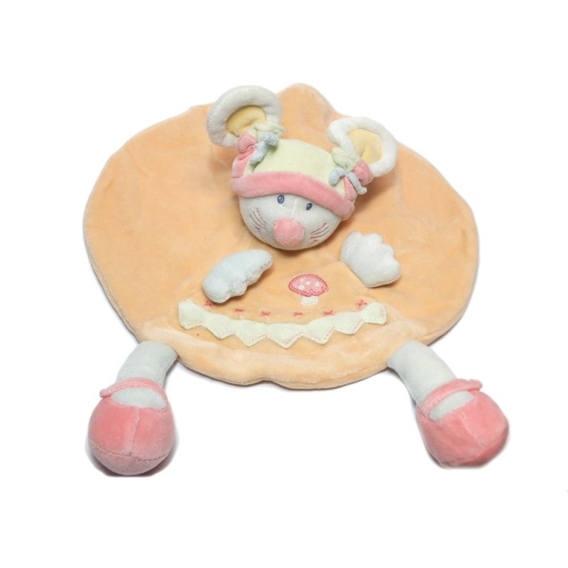 Doudou plat rond Souris rose saumon Champignon Kiabi (17932)