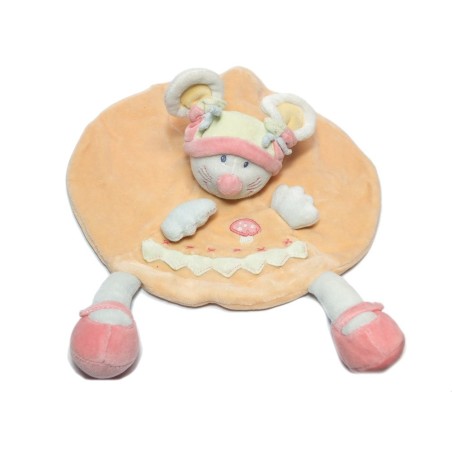 Doudou plat rond Souris rose saumon Champignon Kiabi (17932)