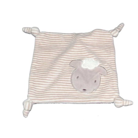 Doudou plat rayé blanc beige gris Mouton Kiabi 4 noeuds (15166)