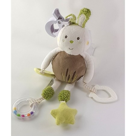 Doudou peluche Lapin d'activité maron blanc vert Babysun 30 cm Grelot (23001)