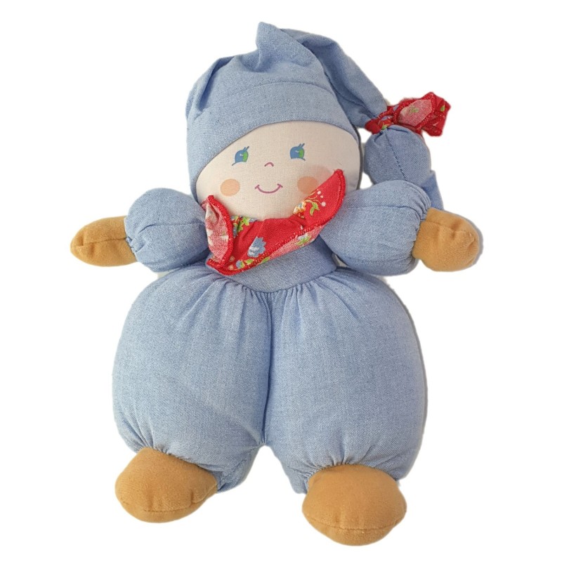 Vintage Doudou Ancienne Poupee tissu bleu collerette rouge grelot bonnet 24 cm AJENA (25149)