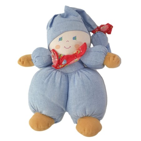 Vintage Doudou Ancienne Poupee tissu bleu collerette rouge grelot bonnet 24 cm AJENA (25149)