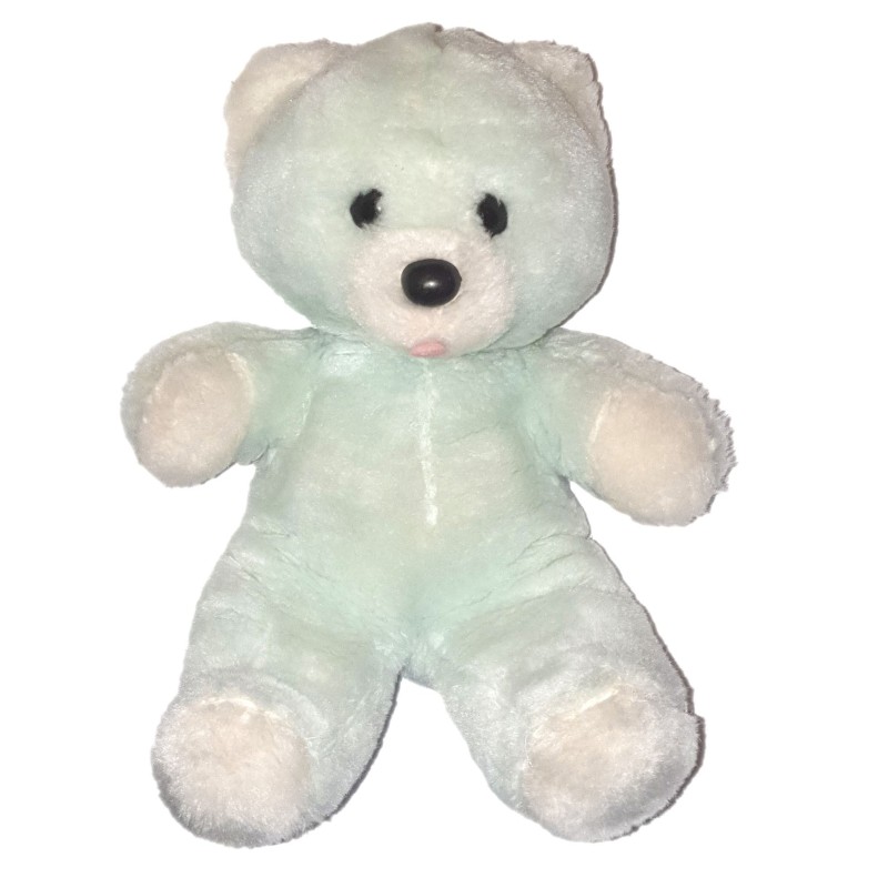 Ancienne Peluche doudou Vintage Ours vert blanc 30 cm Nounours Boulgom ? (24922)