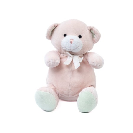 Doudou Ours rose saumon vert noeud blanc Nounours 21 cm (28483)