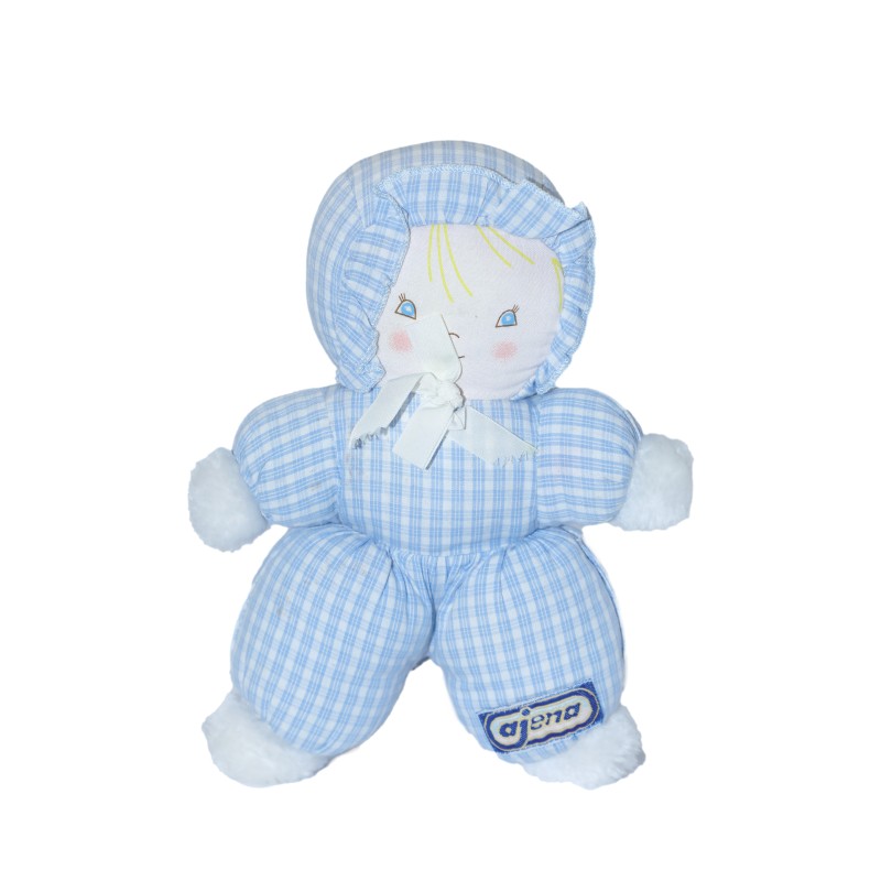 AJENA ancienne Poupée tissu bleu clair vichy carreaux vintage Grelot 24 cm (28195)