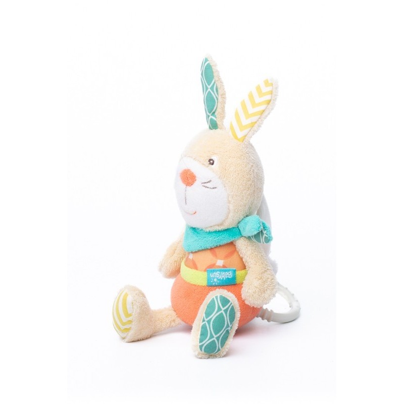 Doudou peluche musicale lapin orange bleu Babysun 26 cm (28373)