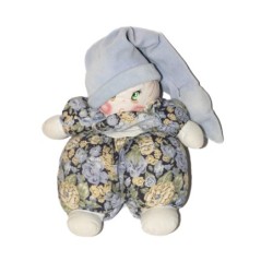 Poupée Tissu vintage Nounours bleu tissu fleuri grelot 22 cm (27434)