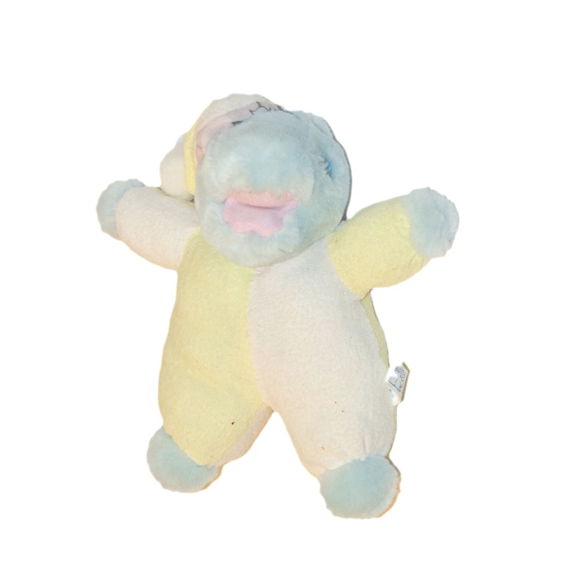 Ancienne peluche doudou Grenouille Gipsy jaune bleu blanc éponge Bonnrt 26 cm (27562)