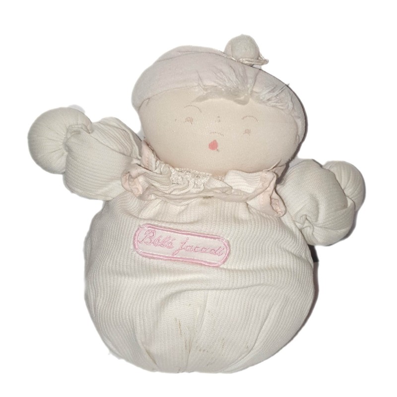 Vintage - Ancienne poupee tissu blanc rose Bebe Jacadi 22 cm (24308)