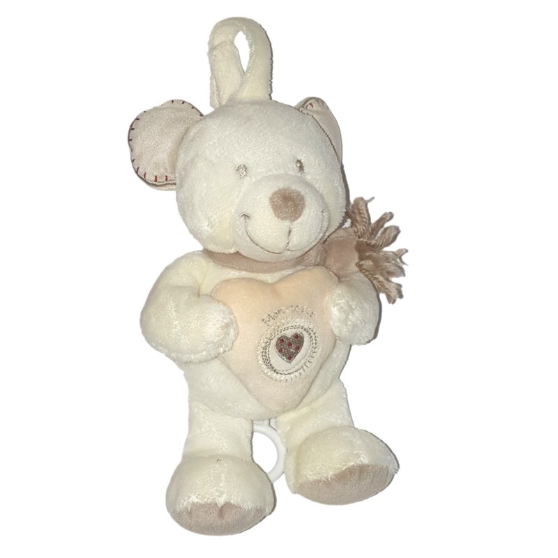 POMMETTE - Peluche doudou musical Ours creme beige coeur 22 cm (25549)