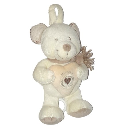 POMMETTE - Peluche doudou musical Ours creme beige coeur 22 cm (25549)