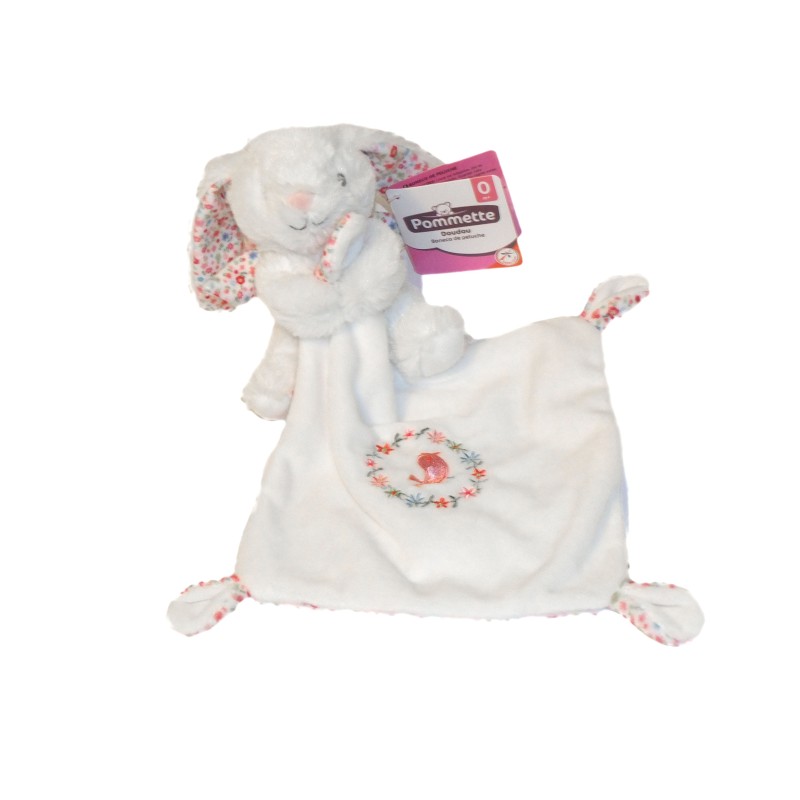 Doudou Peluche Lapin blanc Mouchoir oiseau orange Pommette Fleurs (27493)